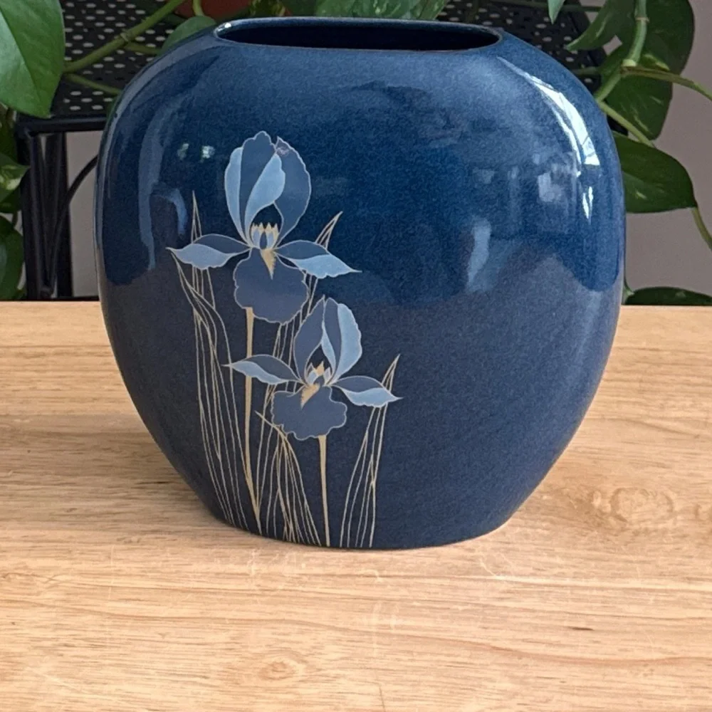Vintage Otagiri 7” Cobalt Blue Iris Vase Japan Floral Design Ceramic 1970s 1980s